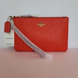 COACH Small Wristlet in Polished Pebbled Leather -Red Orange